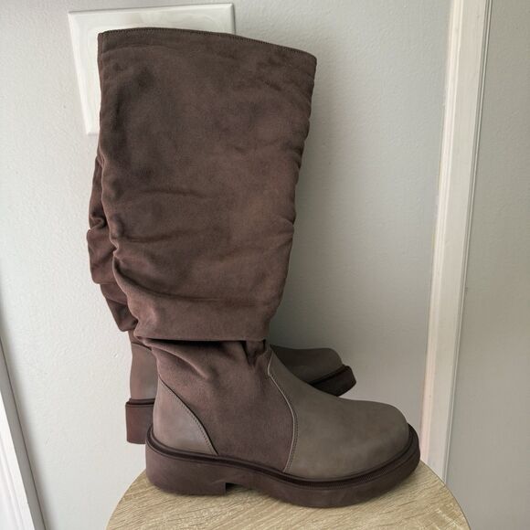 Women's Fashion Thick Heel Riding Boots Grey/brown Side Zipper Durable Size 9 - Picture 14 of 17